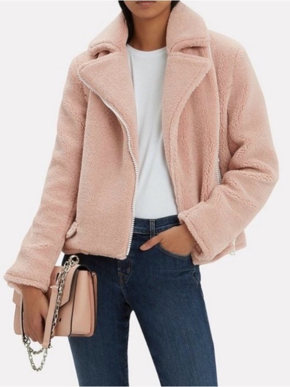 MOTHER Mini Pocket Rider Teddy Fleece He’ll Raiser Jacket in Blush Pink Size XS